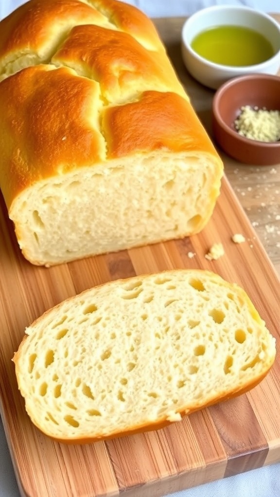 Gluten-Free Corn Flour Bread Recipe A golden loaf of gluten-free corn flour bread sliced on a wooden board, with a bowl of olive oil in the background.